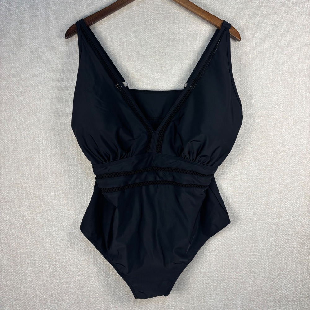 Black V-Neck Crochet Trim One Piece Swimsuit Plus Size 20W Adjustable Straps